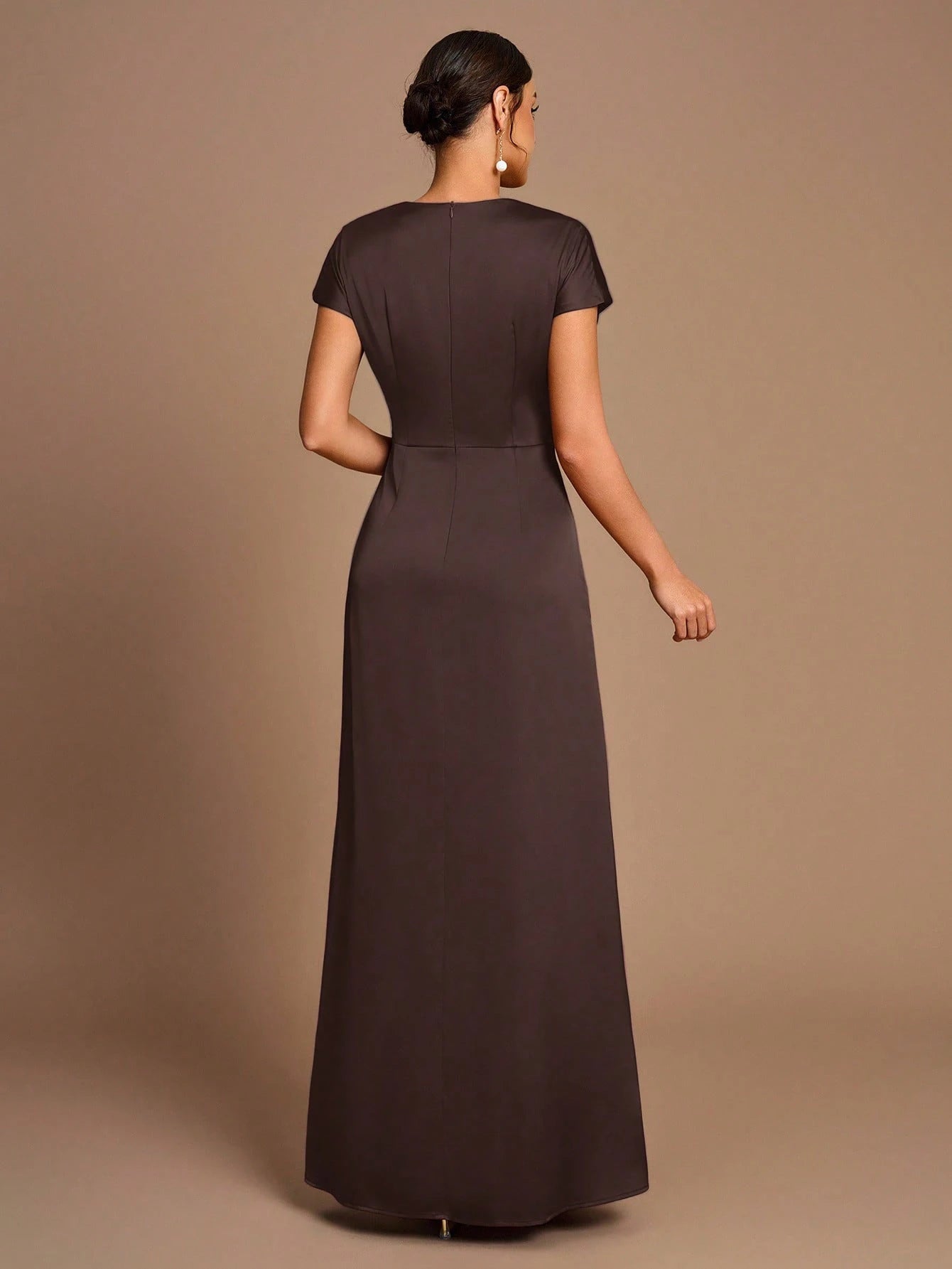 Belle Elegant Romantic Coffee Color Pleated Short Sleeve A-Line Split Bridesmaid Dress - image 10