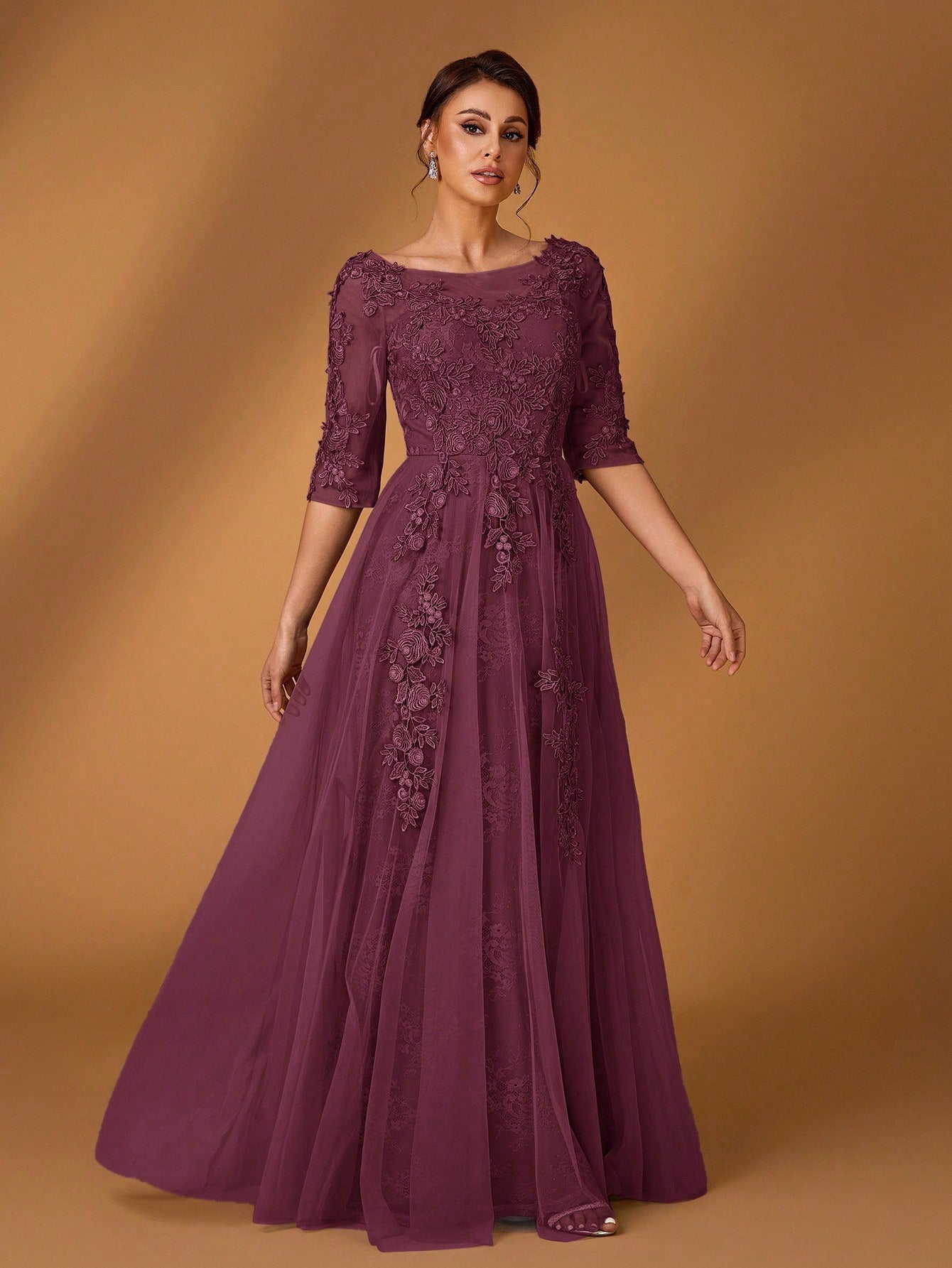 Serin Elegant Dusty Pink Summer Lace Splicing Mesh A-Line Dress,Luxury Embellished 3/4 Sleeve Mother Of The - image 18