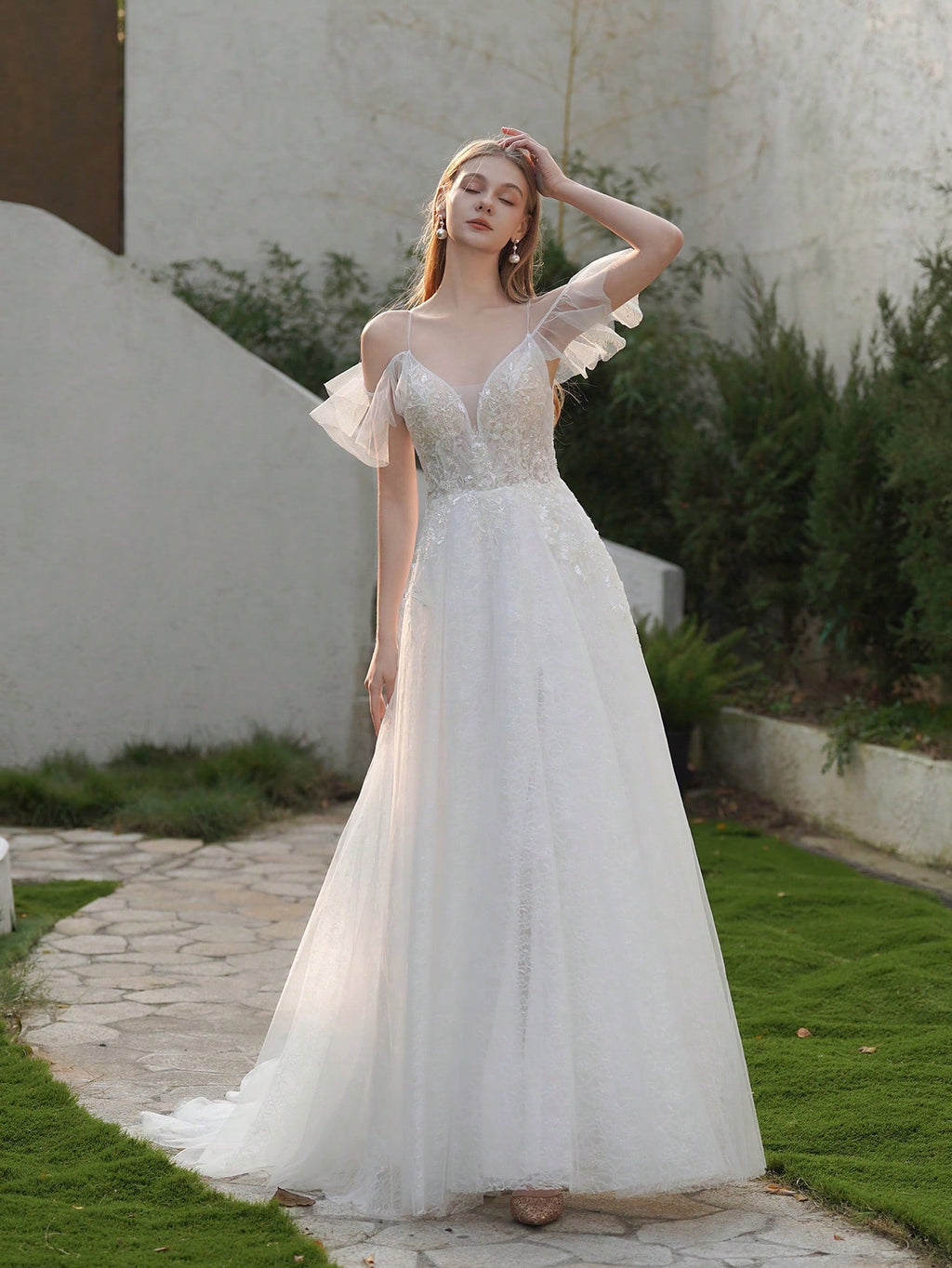 YOUKEFEIER Summer Elegant Spaghetti Strap Flutter Sleeve Lace Embroidered Maxi Wedding Dress Romantic Bridal - image 3
