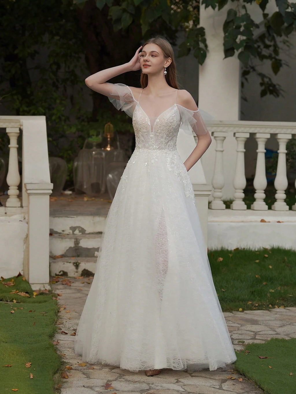 YOUKEFEIER Summer Elegant Spaghetti Strap Flutter Sleeve Lace Embroidered Maxi Wedding Dress Romantic Bridal