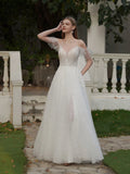 YOUKEFEIER Summer Elegant Spaghetti Strap Flutter Sleeve Lace Embroidered Maxi Wedding Dress Romantic Bridal