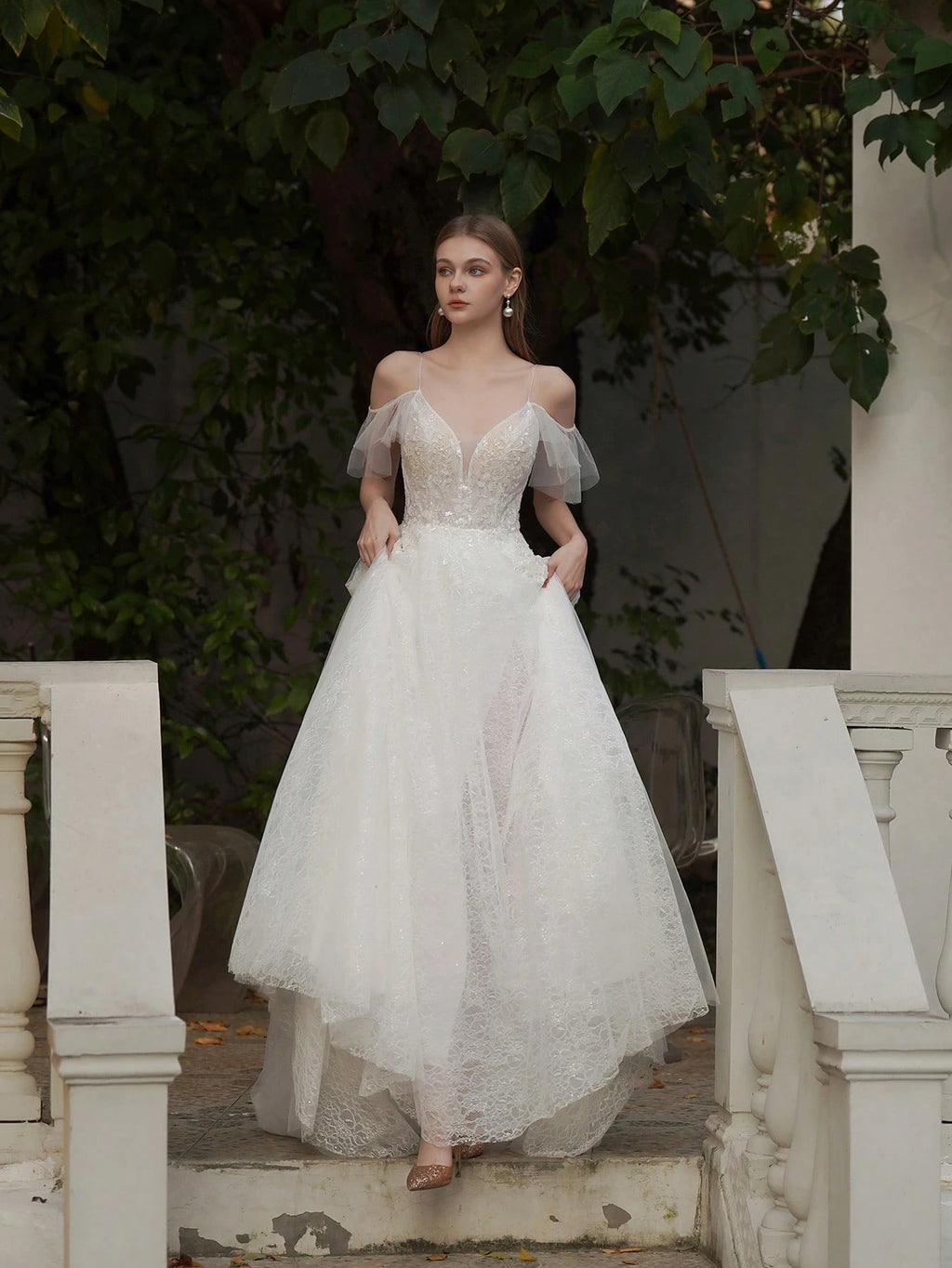 YOUKEFEIER Summer Elegant Spaghetti Strap Flutter Sleeve Lace Embroidered Maxi Wedding Dress Romantic Bridal - image 7