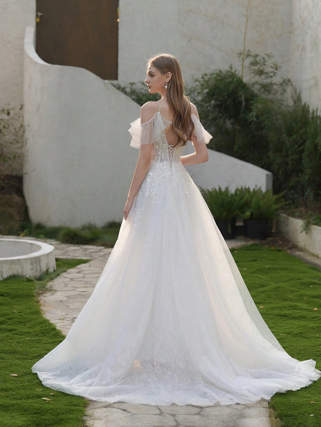 YOUKEFEIER Summer Elegant Spaghetti Strap Flutter Sleeve Lace Embroidered Maxi Wedding Dress Romantic Bridal - image 8