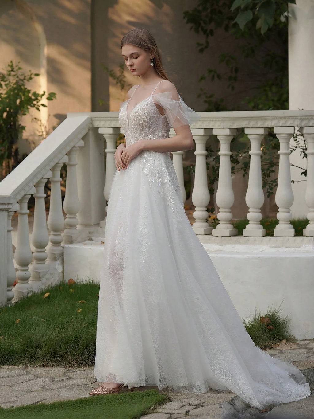 YOUKEFEIER Summer Elegant Spaghetti Strap Flutter Sleeve Lace Embroidered Maxi Wedding Dress Romantic Bridal - image 2