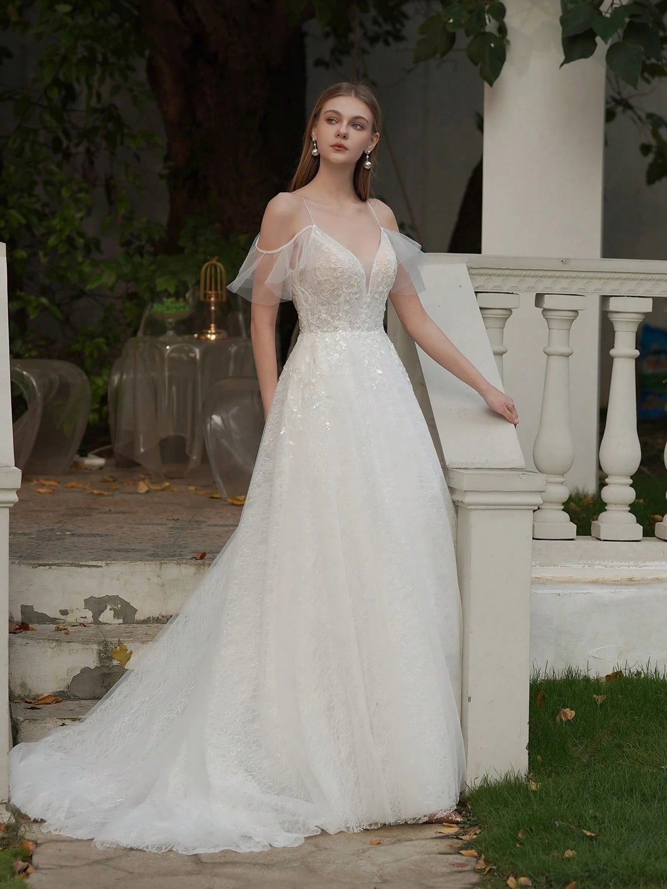 YOUKEFEIER Summer Elegant Spaghetti Strap Flutter Sleeve Lace Embroidered Maxi Wedding Dress Romantic Bridal - image 6