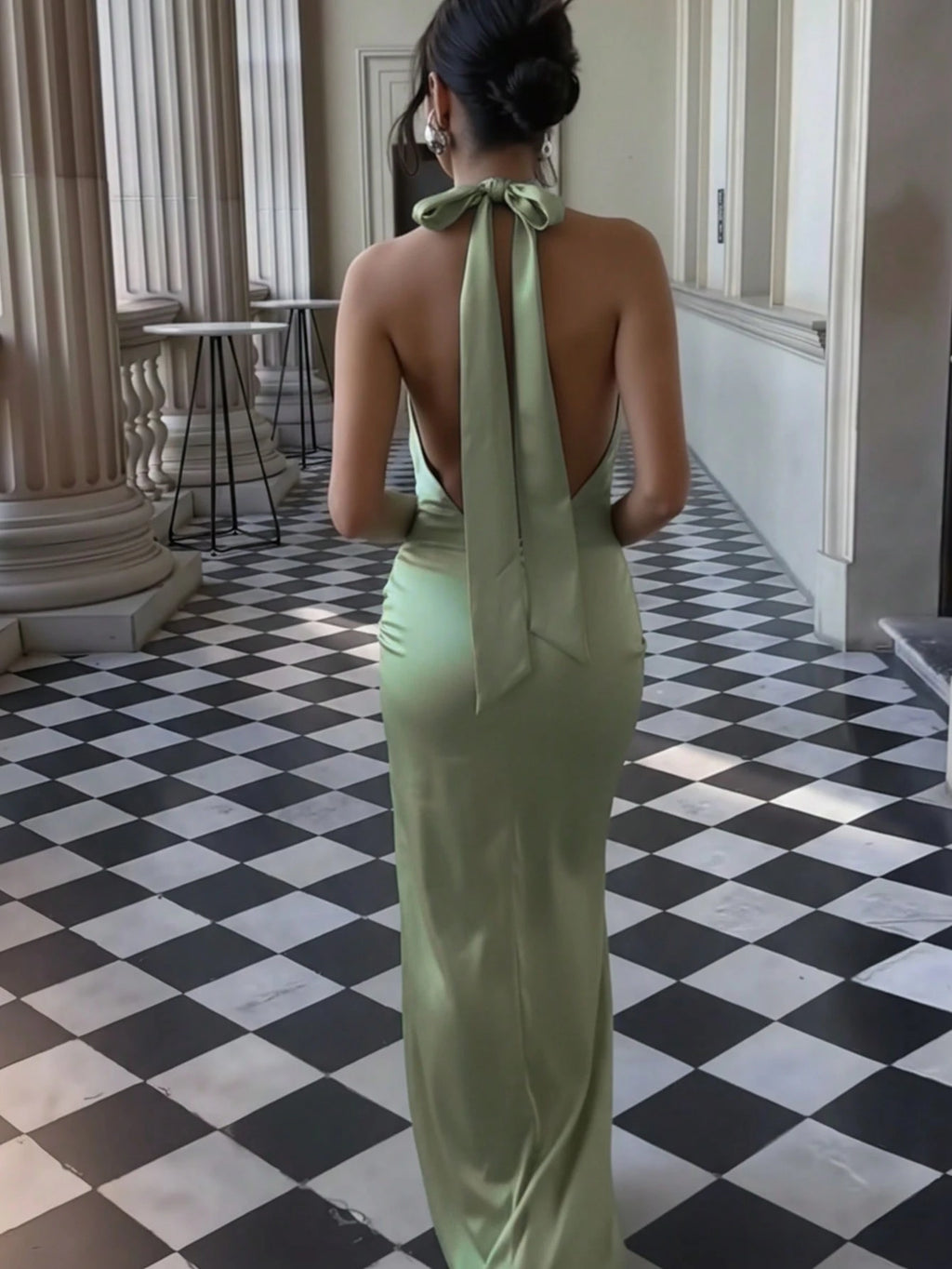Basrey New Mint Green Elegant Women's Solid Color Tie Waist Pleated Backless Cocktail Dress, Mermaid Maxi - image 15
