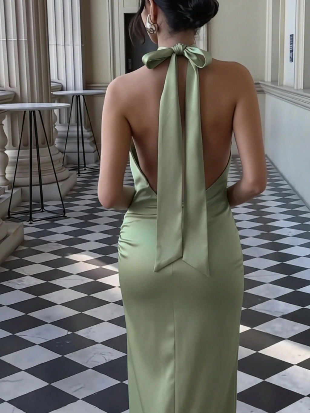 Basrey New Mint Green Elegant Women's Solid Color Tie Waist Pleated Backless Cocktail Dress, Mermaid Maxi - image 14