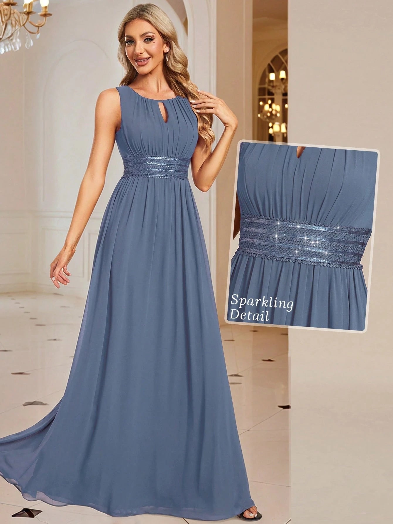 Romantic Chiffon Backless Ruffle Detail Light Blue Bridesmaid Dress,