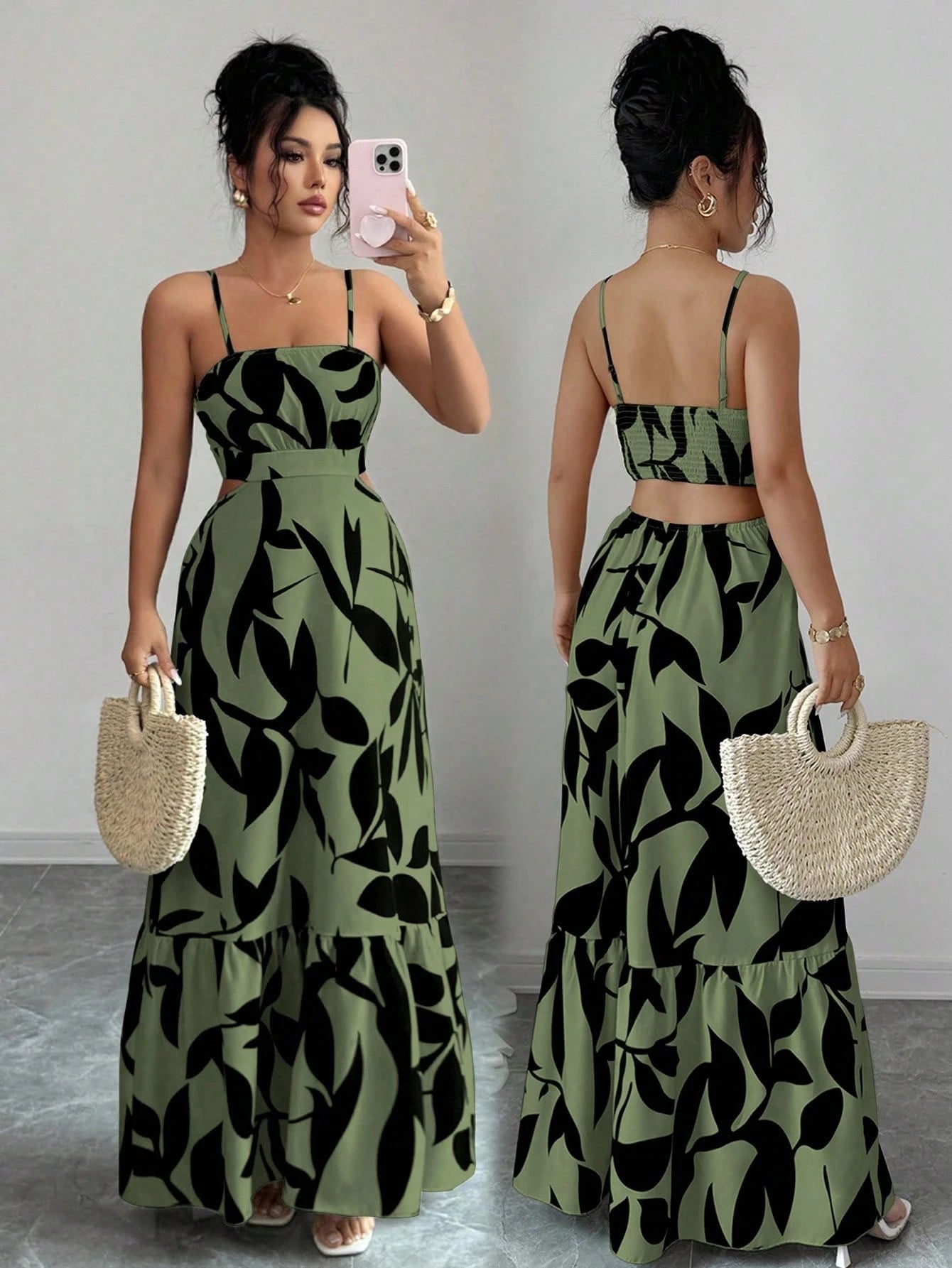 Women's Elegant Printed Waist-Cinched Long Dress