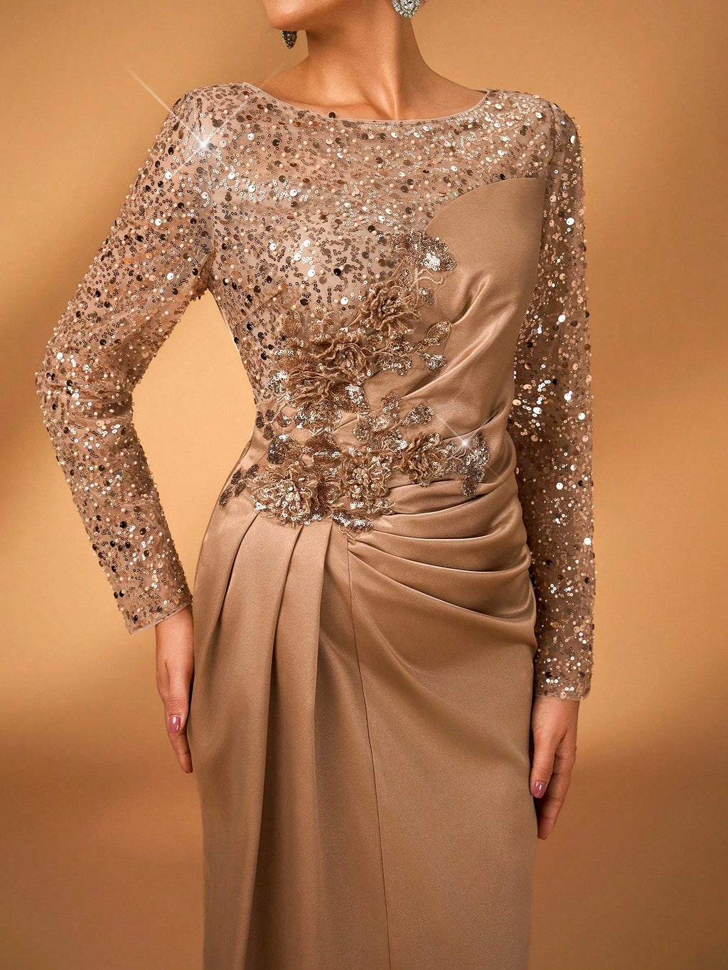 Serin Elegant Luxurious Champagne Gold Mermaid Dress,Summer Evening Wedding Bride Mother Gown,Faux Pearl Lace - image 4