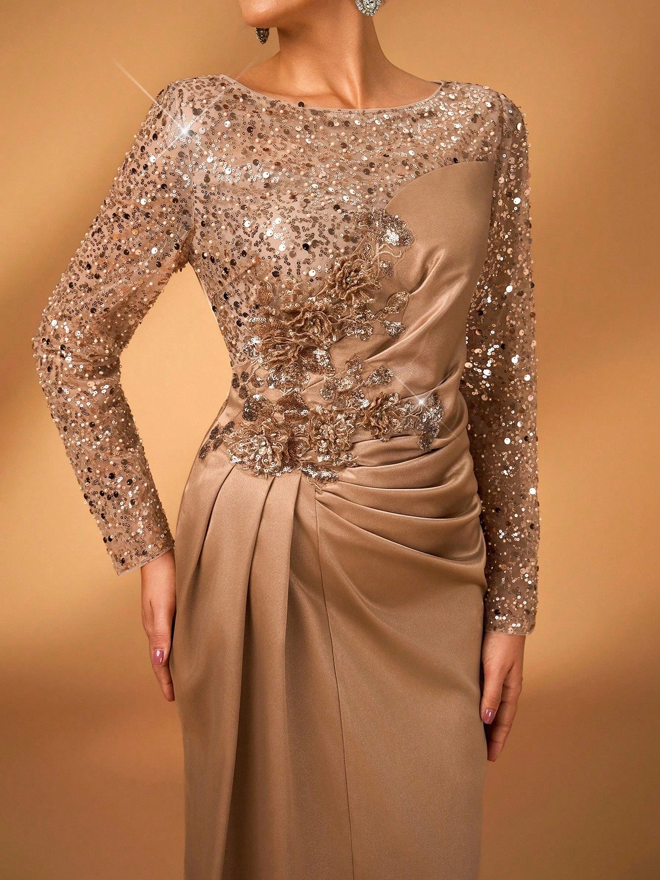 Serin Elegant Luxurious Champagne Gold Mermaid Dress,Summer Evening Wedding Bride Mother Gown,Faux Pearl Lace - image 4