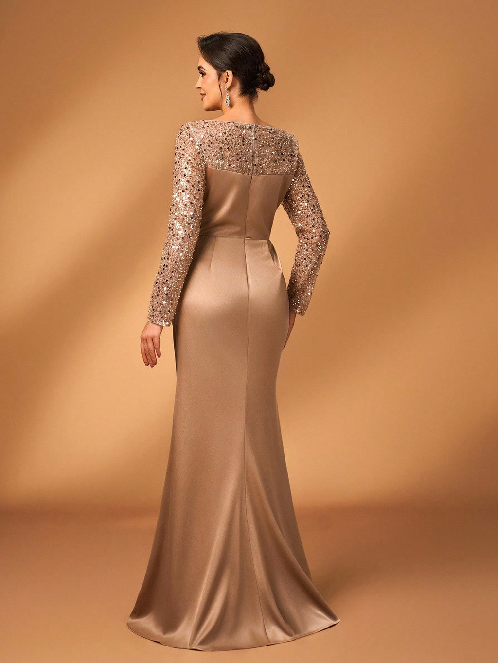 Serin Elegant Luxurious Champagne Gold Mermaid Dress,Summer Evening Wedding Bride Mother Gown,Faux Pearl Lace - image 3