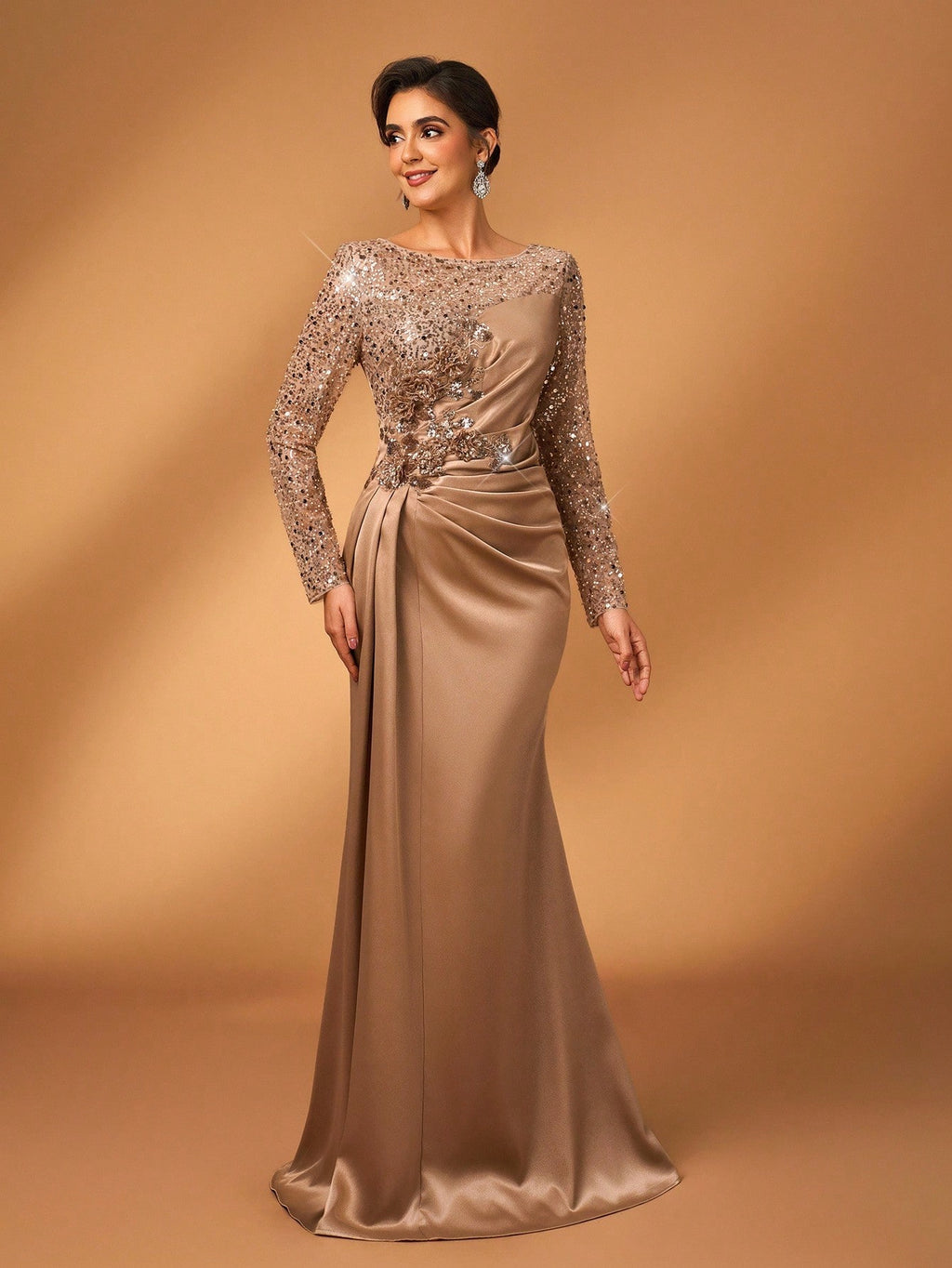 Serin Elegant Luxurious Champagne Gold Mermaid Dress,Summer Evening Wedding Bride Mother Gown,Faux Pearl Lace - image 2