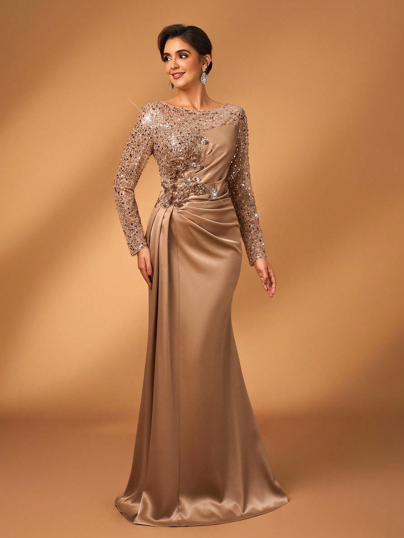 Serin Elegant Luxurious Champagne Gold Mermaid Dress,Summer Evening Wedding Bride Mother Gown,Faux Pearl Lace - image 2
