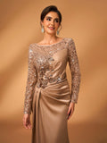 Serin Elegant Luxurious Champagne Gold Mermaid Dress,Summer Evening Wedding Bride Mother Gown,Faux Pearl Lace
