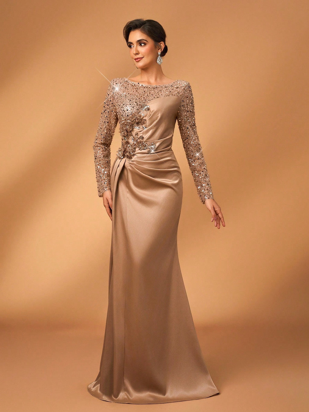 Serin Elegant Luxurious Champagne Gold Mermaid Dress,Summer Evening Wedding Bride Mother Gown,Faux Pearl Lace - image 6