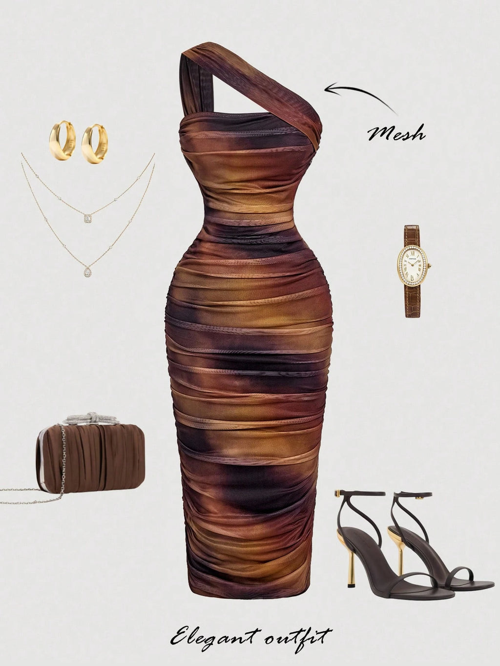 MOD Women's Elegant Sexy Dark Brown Summer Vintage Asymmetric Ruched Sleeveless Dress, One Shoulder Night Out