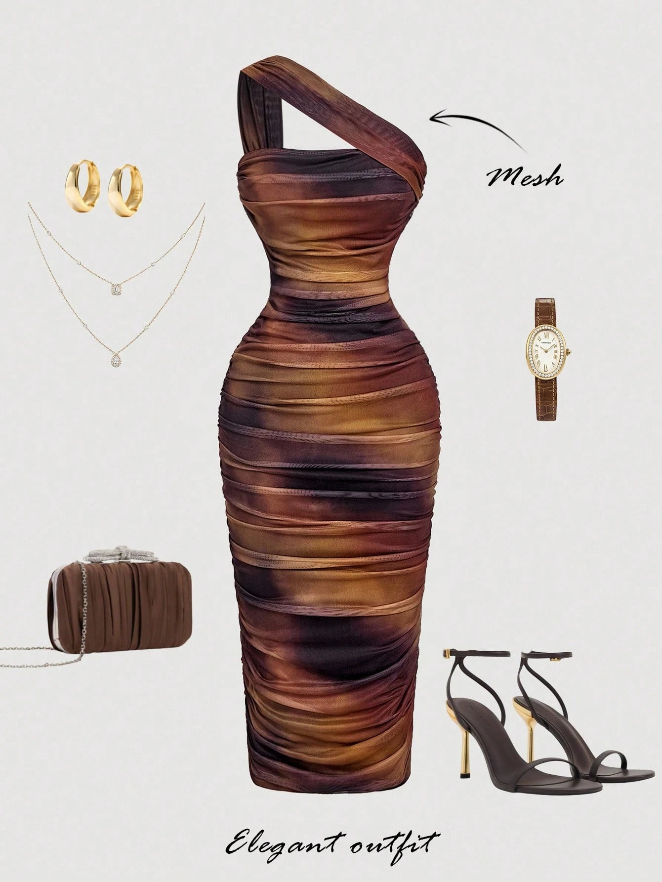 MOD Women's Elegant Sexy Dark Brown Summer Vintage Asymmetric Ruched Sleeveless Dress, One Shoulder Night Out