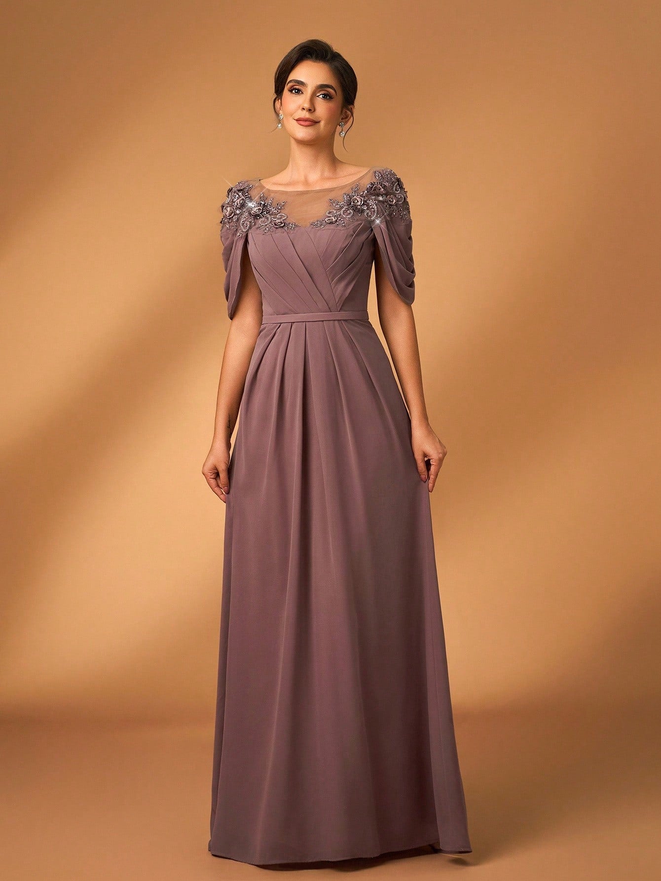 Serin Women's Elegant Formal Dusty Blue Chiffon Dress Spring Party Evening Sheer Long Sleeve Sequin Applique - image 11
