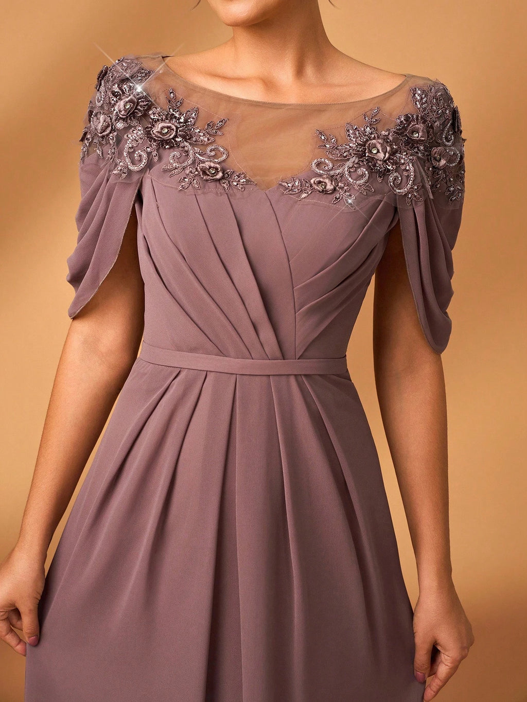 Serin Women's Elegant Formal Dusty Blue Chiffon Dress Spring Party Evening Sheer Long Sleeve Sequin Applique - image 10