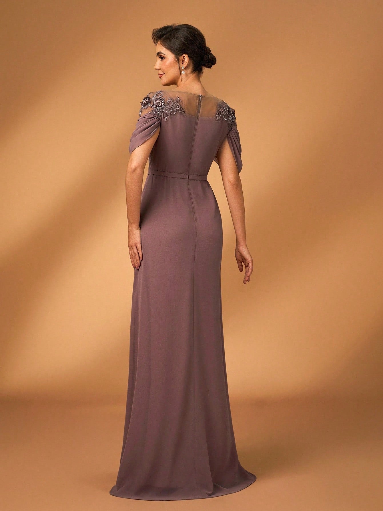 Serin Women's Elegant Formal Dusty Blue Chiffon Dress Spring Party Evening Sheer Long Sleeve Sequin Applique - image 9