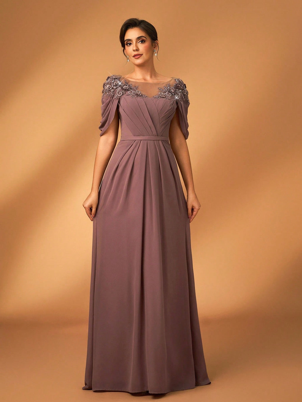 Serin Women's Elegant Formal Dusty Blue Chiffon Dress Spring Party Evening Sheer Long Sleeve Sequin Applique - image 12