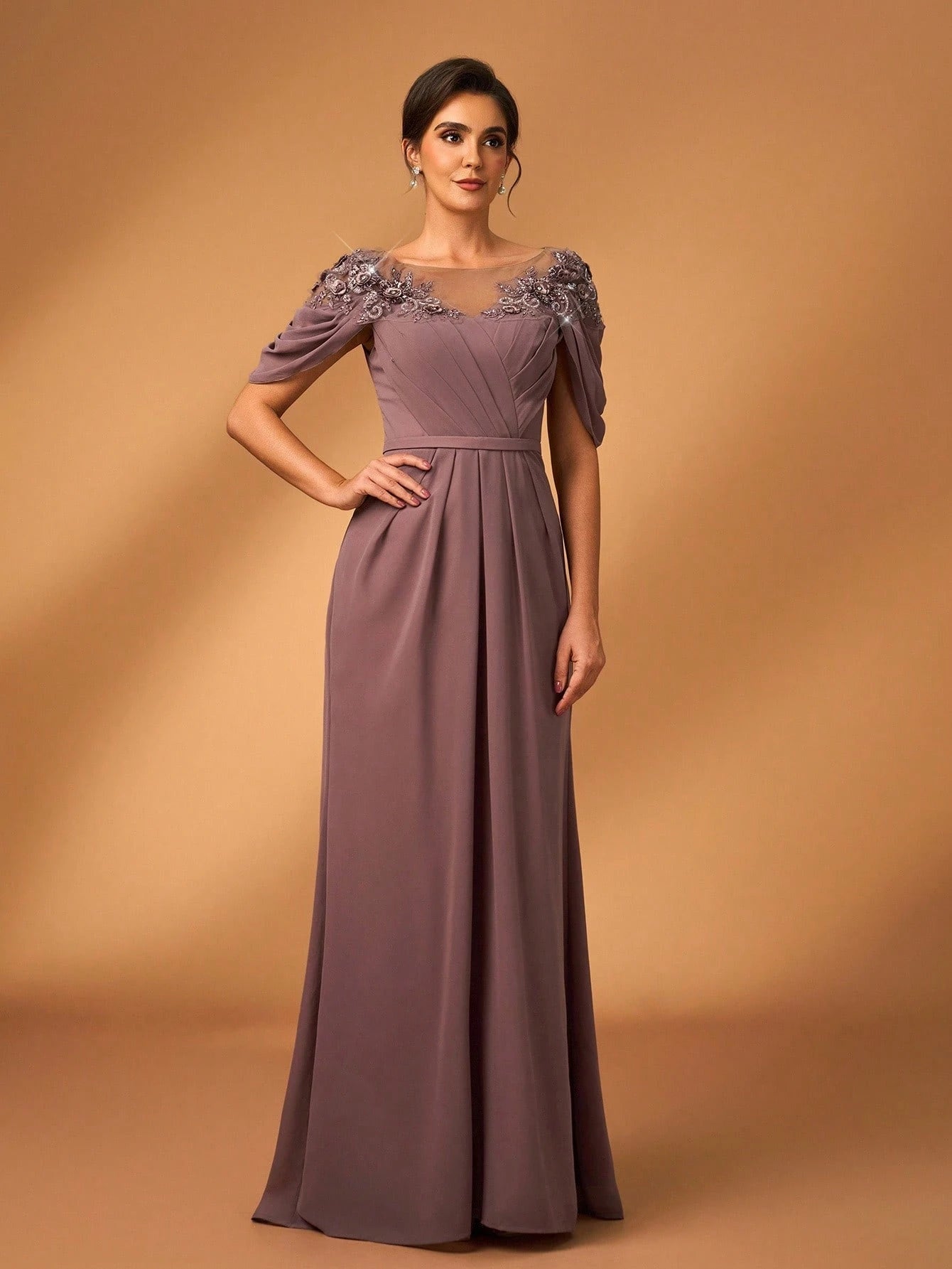 Serin Women's Elegant Formal Dusty Blue Chiffon Dress Spring Party Evening Sheer Long Sleeve Sequin Applique - image 8