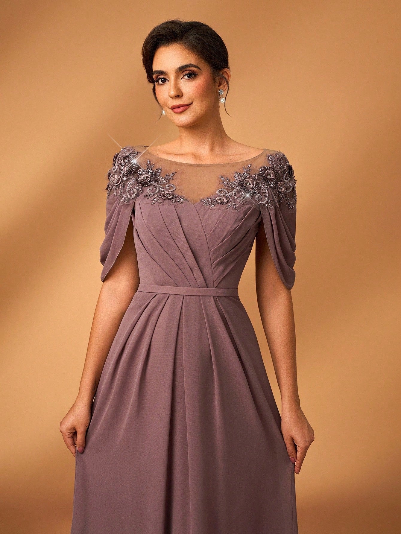 Serin Women's Elegant Formal Dusty Blue Chiffon Dress Spring Party Evening Sheer Long Sleeve Sequin Applique - image 7