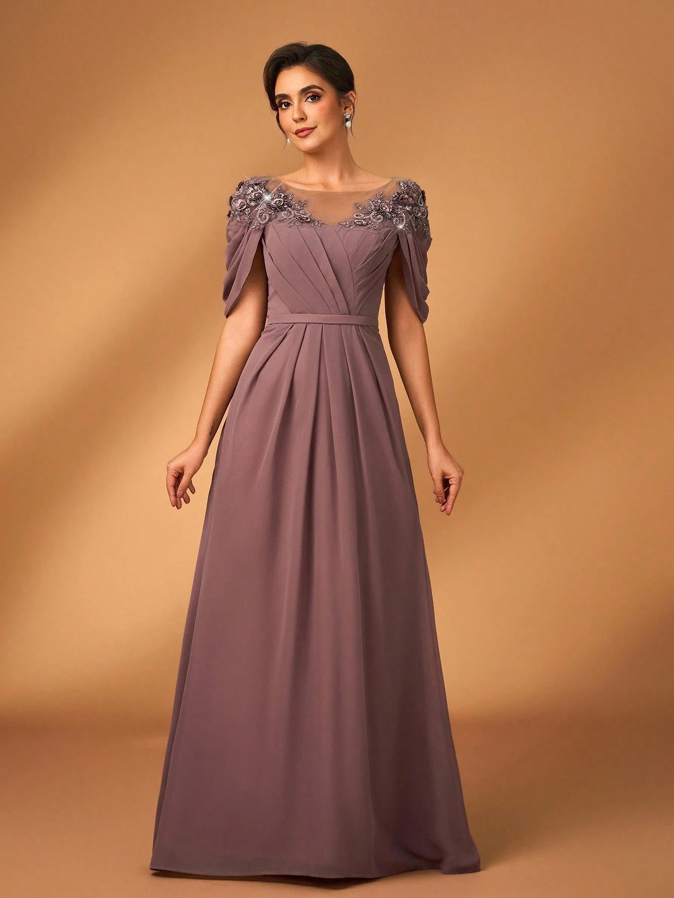 Serin Women's Elegant Formal Dusty Blue Chiffon Dress Spring Party Evening Sheer Long Sleeve Sequin Applique - image 13