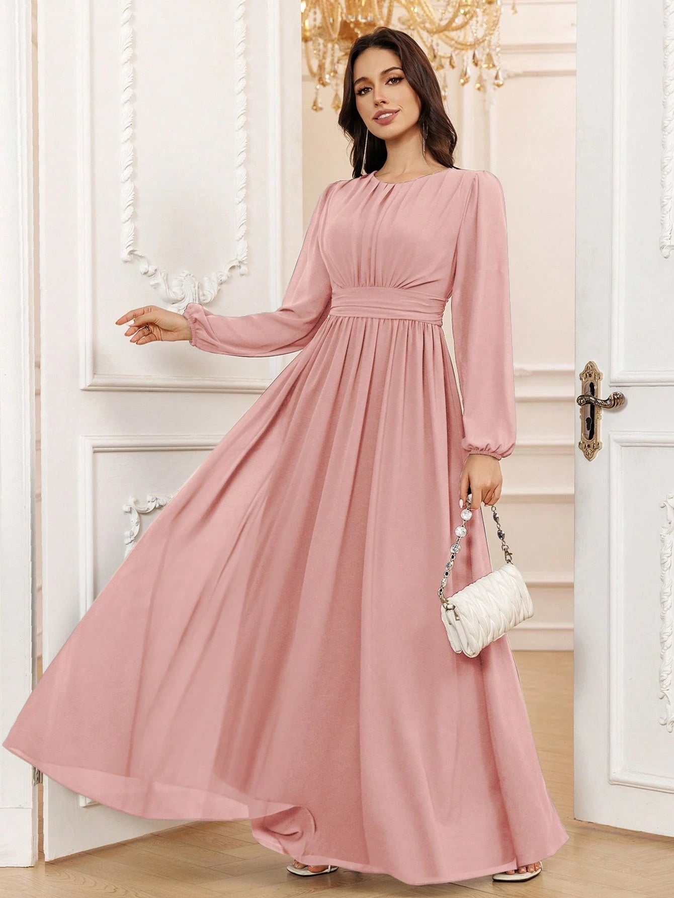 Volly Toych Lavender Elegant A-Line Round Neck Long Sleeve