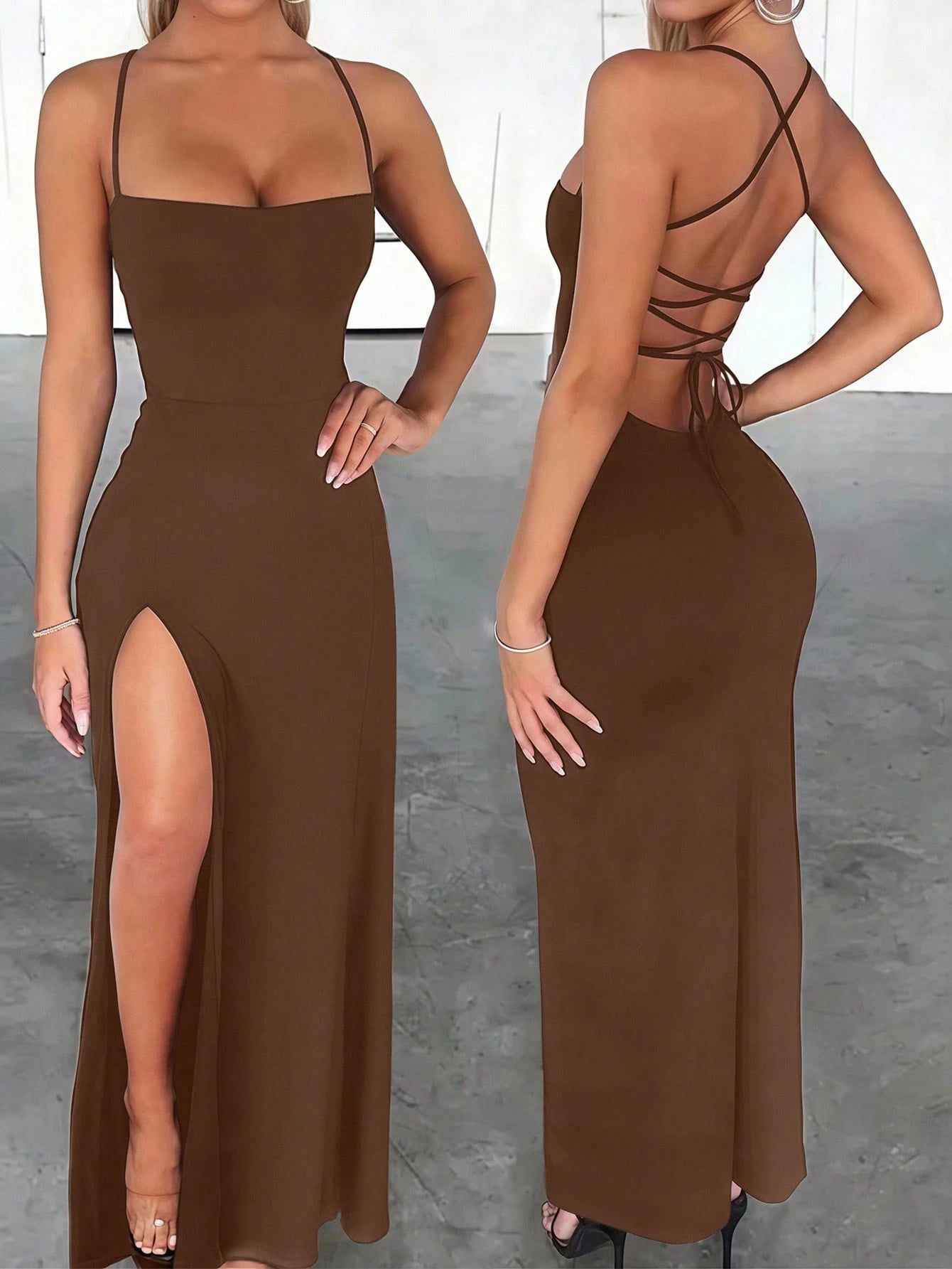 Zyxie Fitted Sexy Elegant High Slit Criss-Cross Strap Tie-Up Long Dress For Women Party Brown Summer - image 11