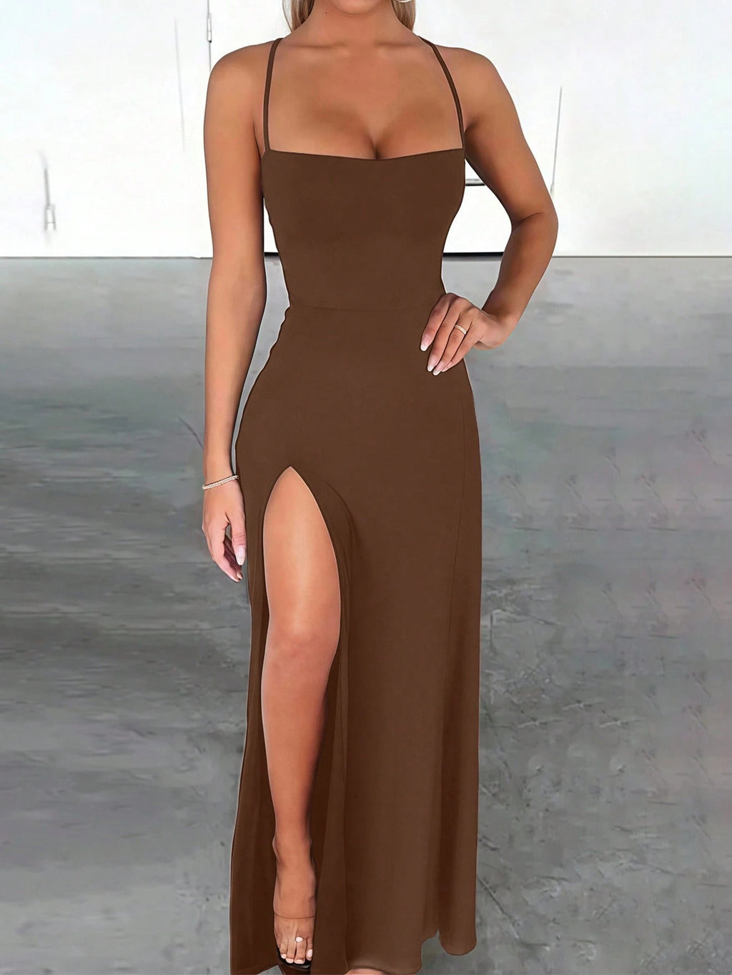 Zyxie Fitted Sexy Elegant High Slit Criss-Cross Strap Tie-Up Long Dress For Women Party Brown Summer - image 13