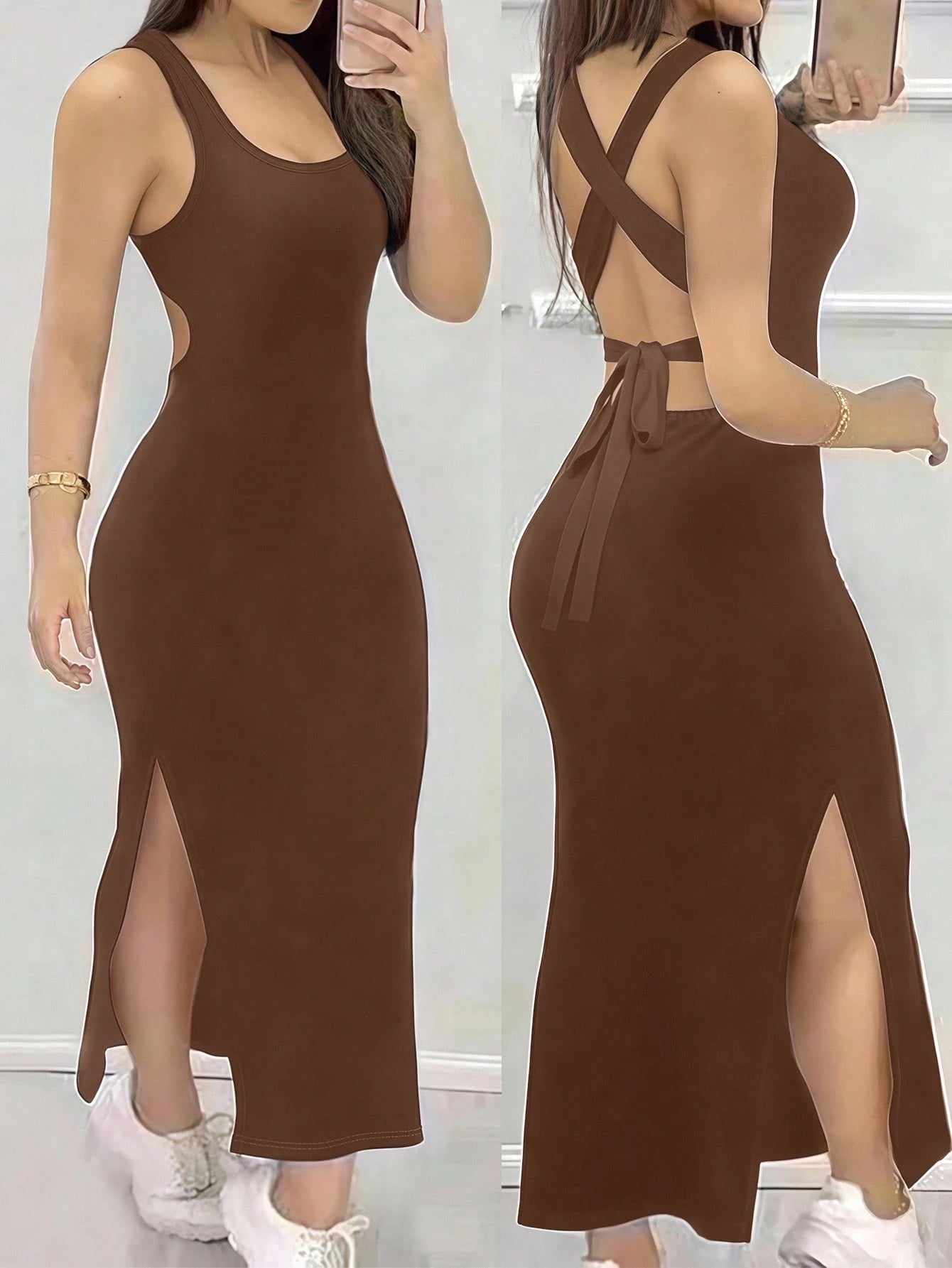 INAWLY Tight Fitted Sexy Low Neck Backless Criss-Cross Strap Slit Dress - image 11