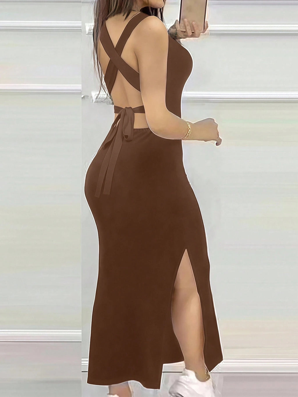 INAWLY Tight Fitted Sexy Low Neck Backless Criss-Cross Strap Slit