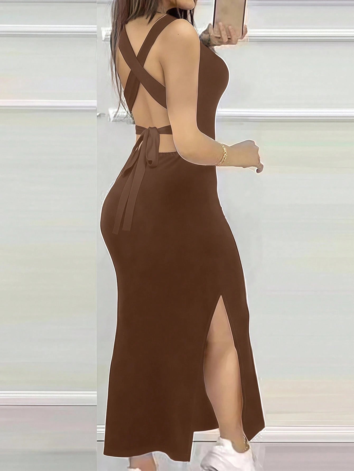 INAWLY Tight Fitted Sexy Low Neck Backless Criss-Cross Strap Slit