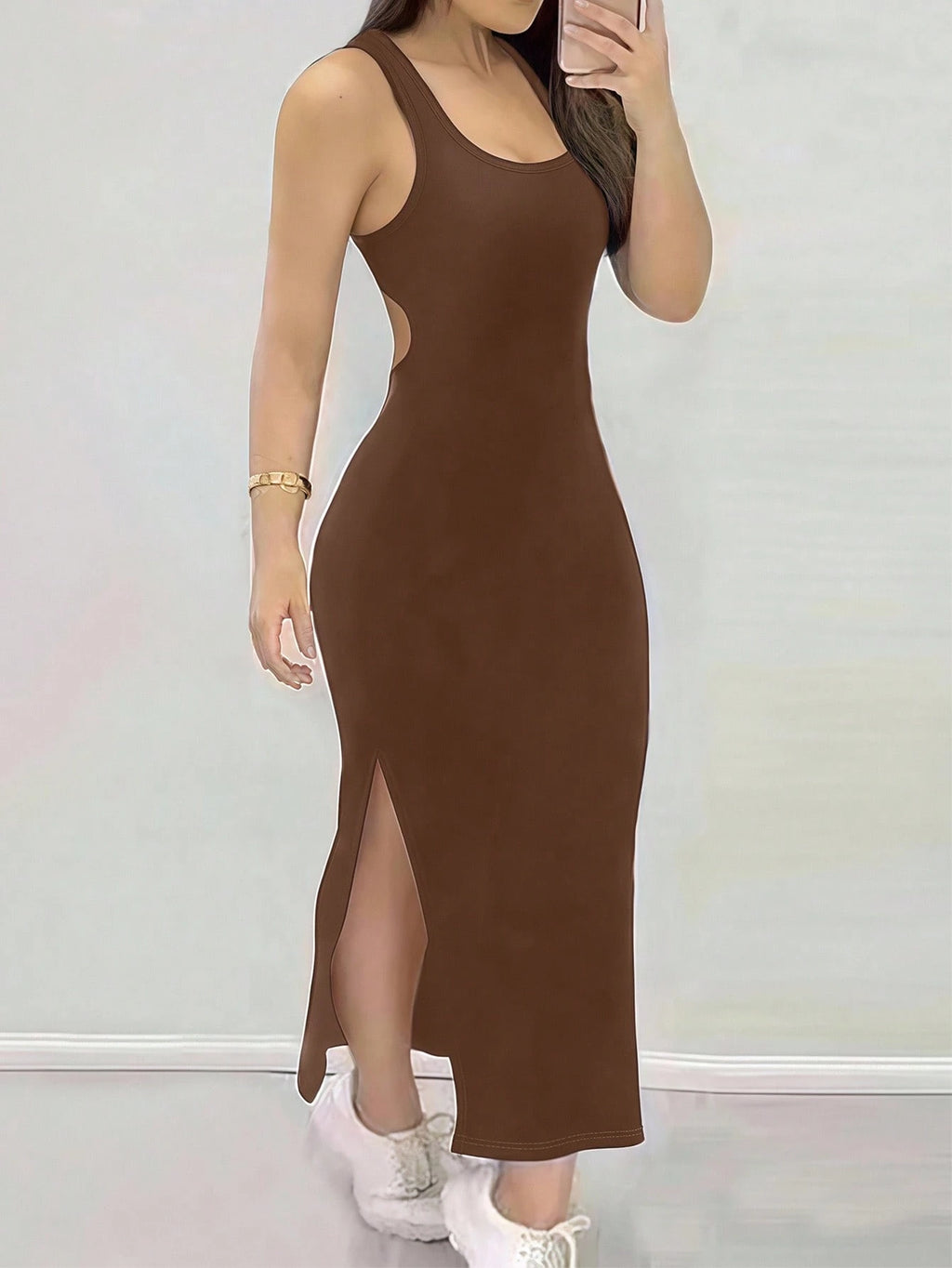 INAWLY Tight Fitted Sexy Low Neck Backless Criss-Cross Strap Slit