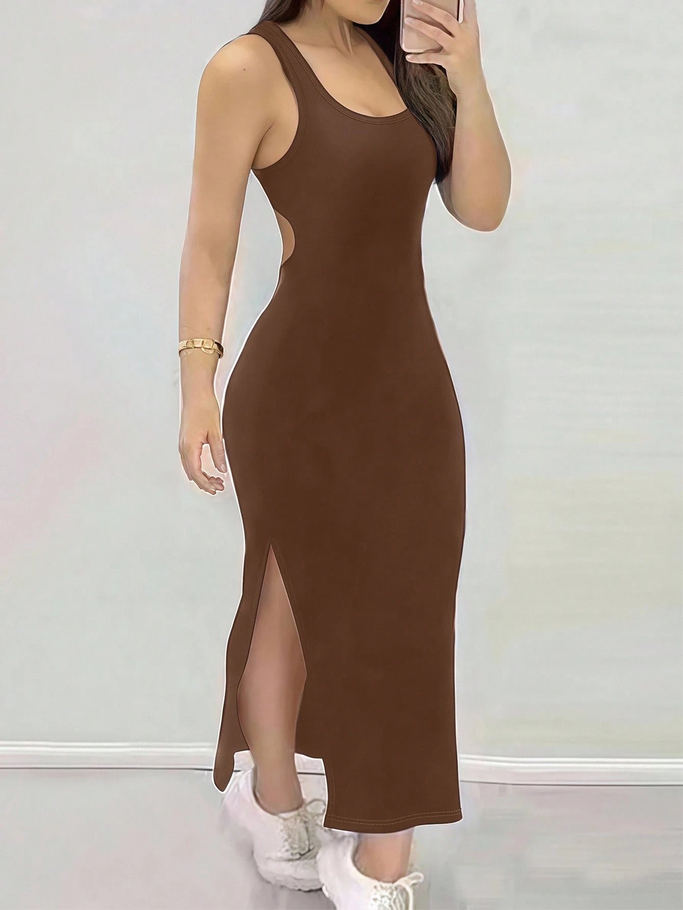INAWLY Tight Fitted Sexy Low Neck Backless Criss-Cross Strap Slit