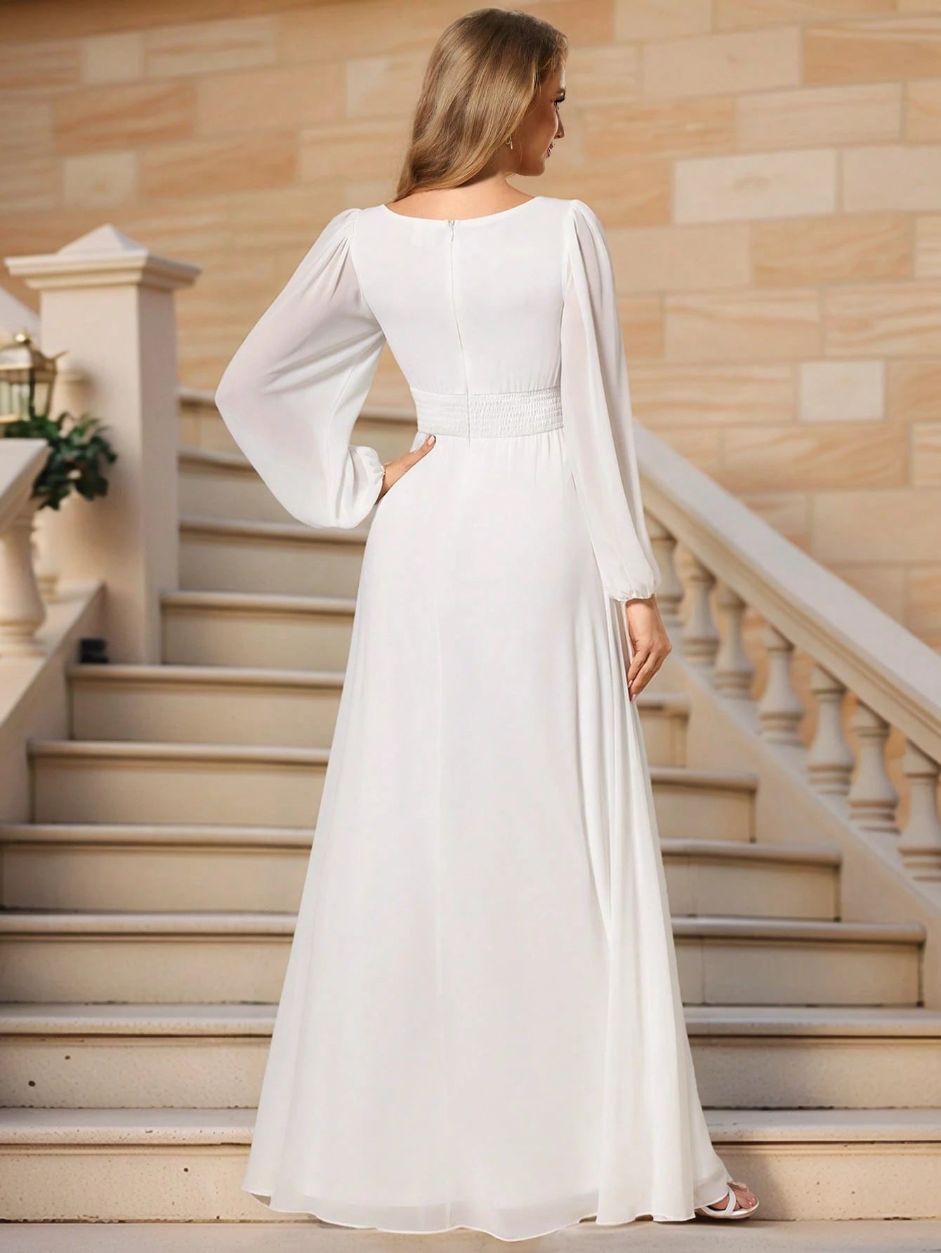 EVERPRETTY Elegant Autumn Special Occasion Chiffon Round Neck Lantern Sleeve Long Sleeve Bridesmaid Dress, - image 12