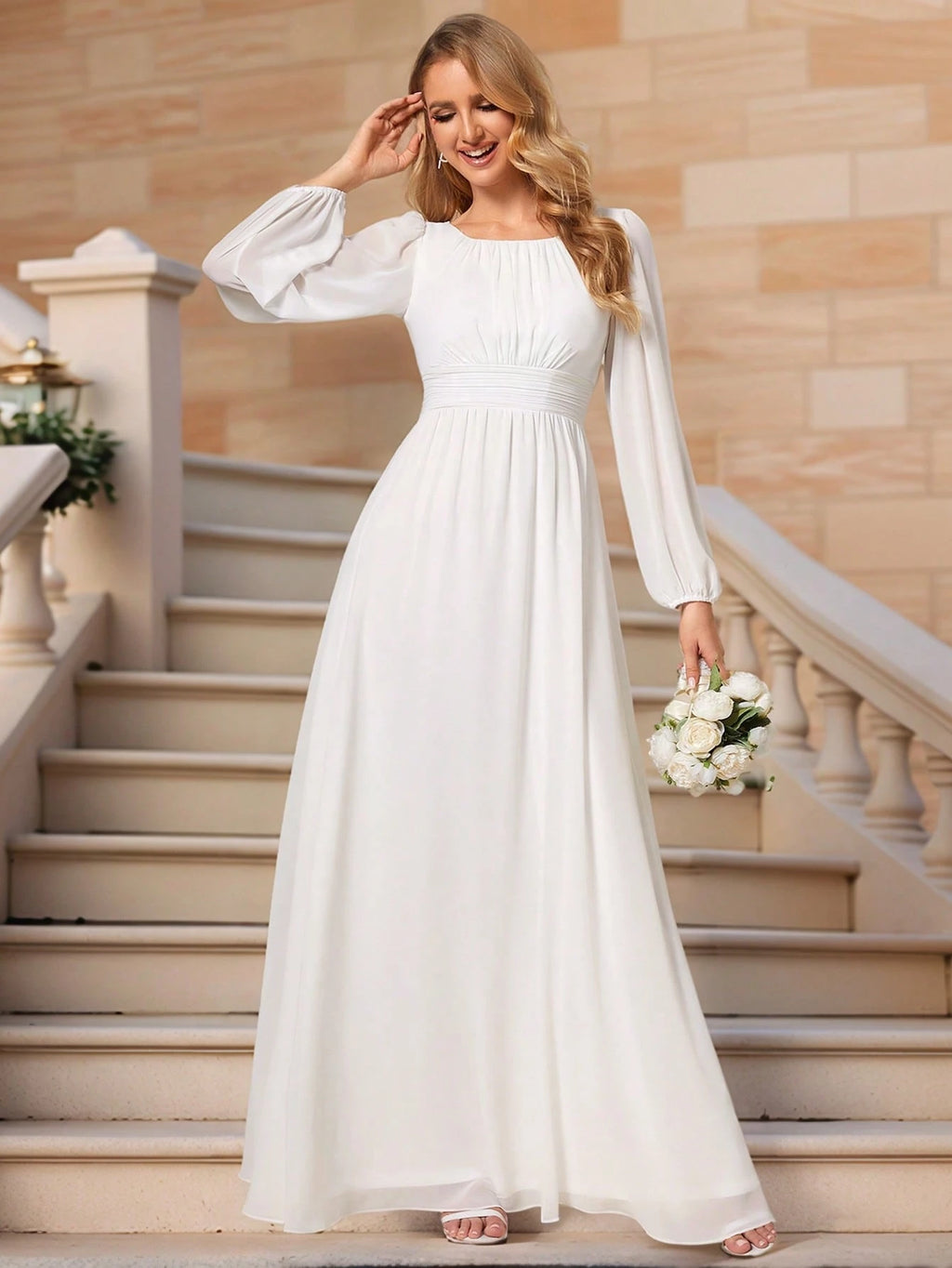 EVERPRETTY Elegant Autumn Special Occasion Chiffon Round Neck Lantern Sleeve Long Sleeve Bridesmaid Dress, - image 15