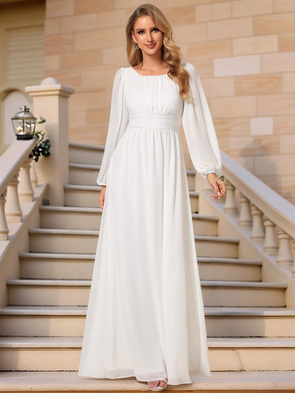 EVERPRETTY Elegant Autumn Special Occasion Chiffon Round Neck Lantern Sleeve Long Sleeve Bridesmaid Dress, - image 16