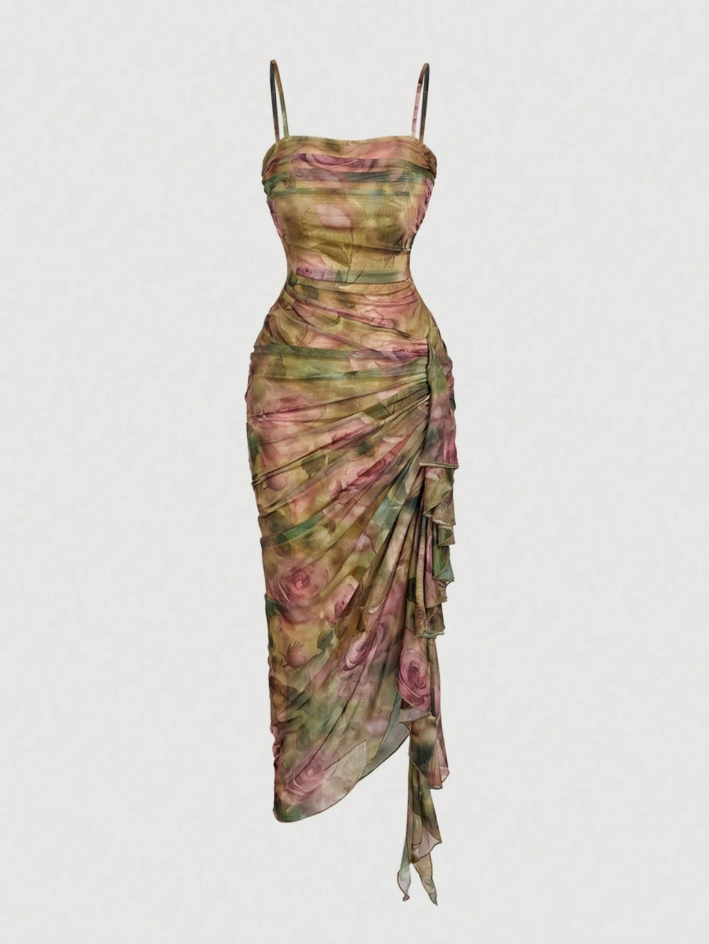 Skyraze Women's Elegant Cream Floral Print Ruffle Hem Fitted Midi Slip Dress,Cottage Core Summer Flowy - image 9