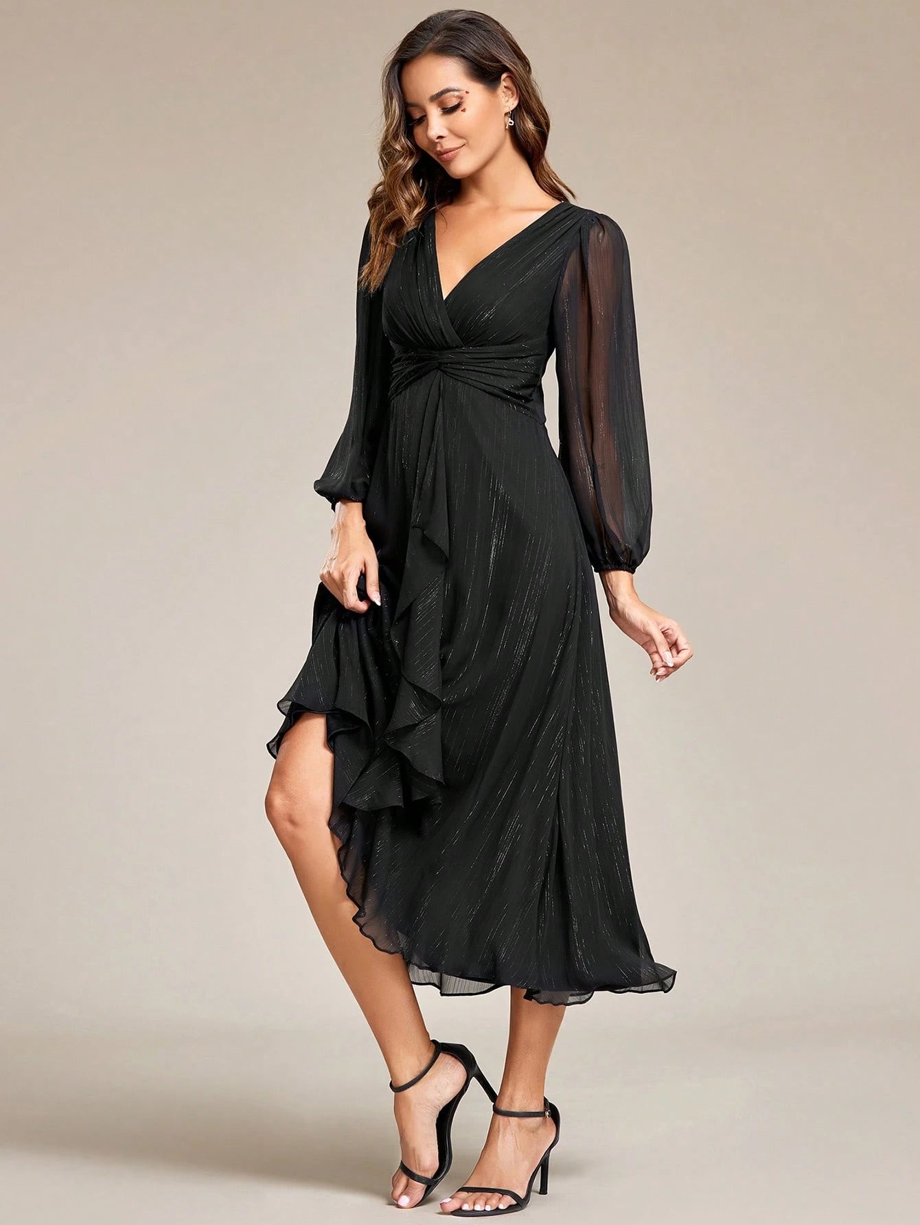 Women's Elegant V-Neck Long Sleeve Formal Dress, Shiny Twist Ruched Knee-Length Bridesmaid Dress, Wedding - image 3