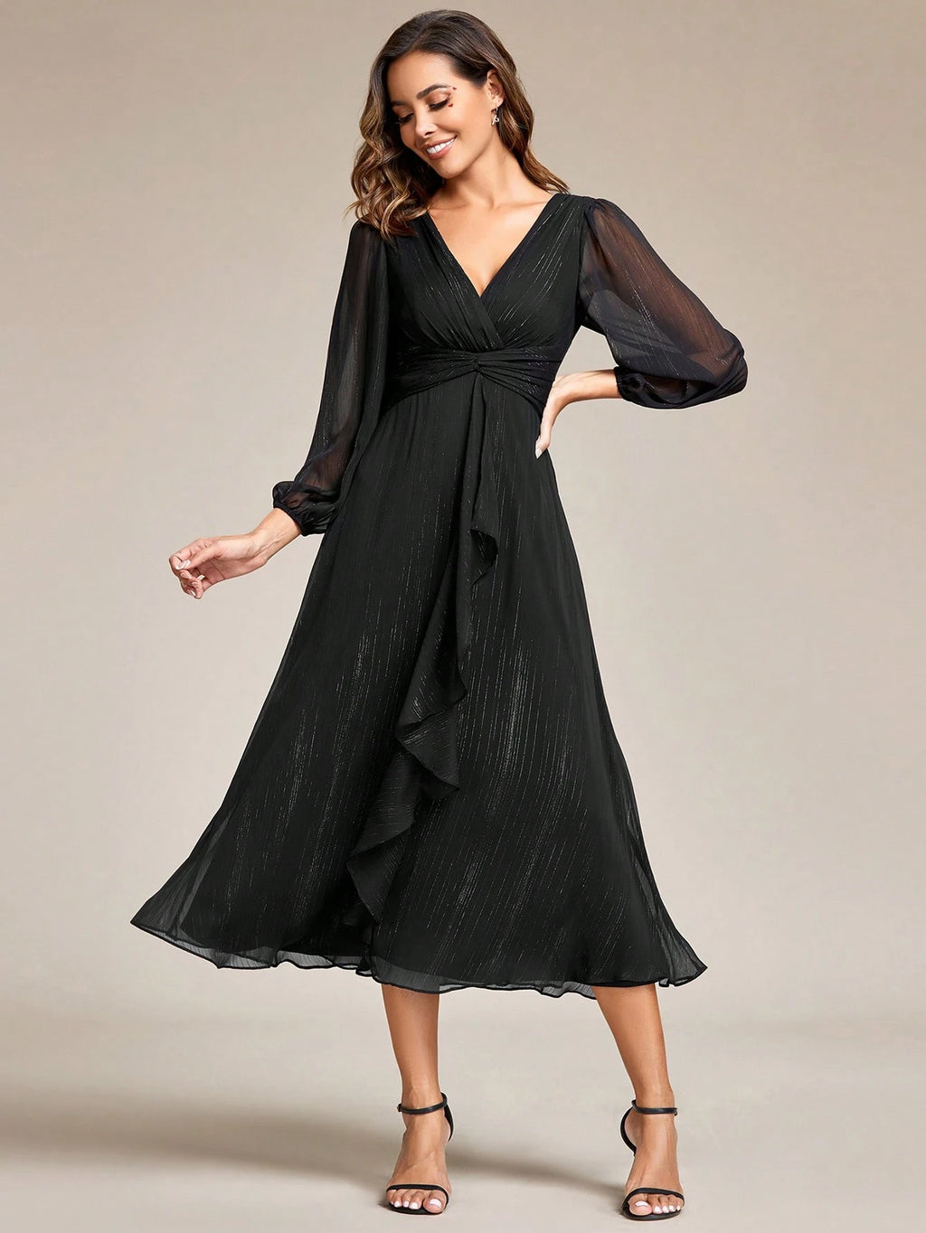Women's Elegant V-Neck Long Sleeve Formal Dress, Shiny Twist Ruched Knee-Length Bridesmaid Dress, Wedding