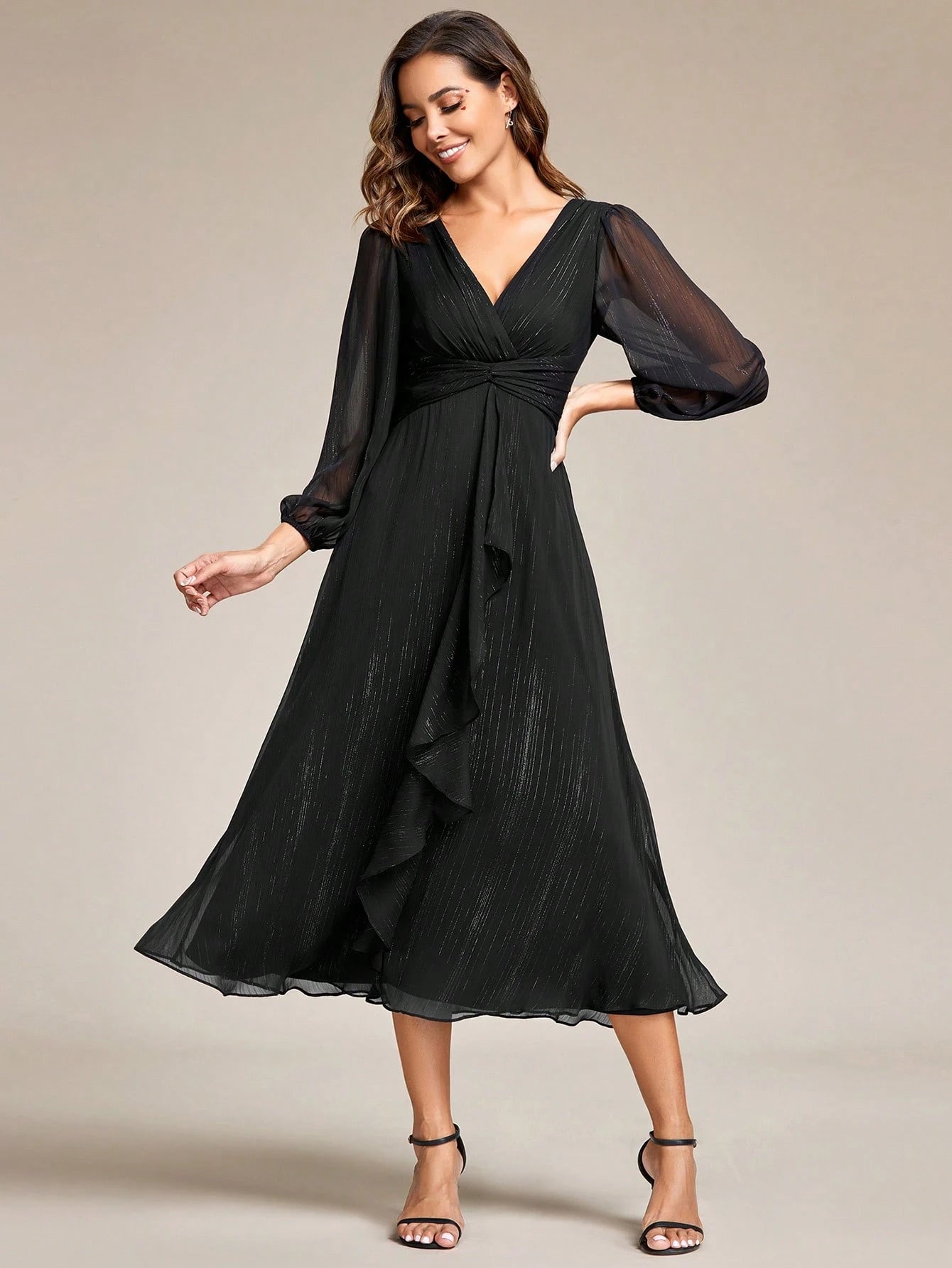 Women's Elegant V-Neck Long Sleeve Formal Dress, Shiny Twist Ruched Knee-Length Bridesmaid Dress, Wedding