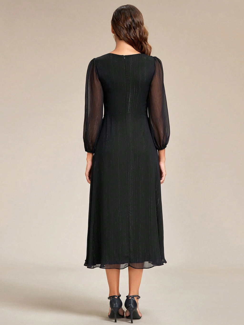 Women's Elegant V-Neck Long Sleeve Formal Dress, Shiny Twist Ruched Knee-Length Bridesmaid Dress, Wedding - image 2