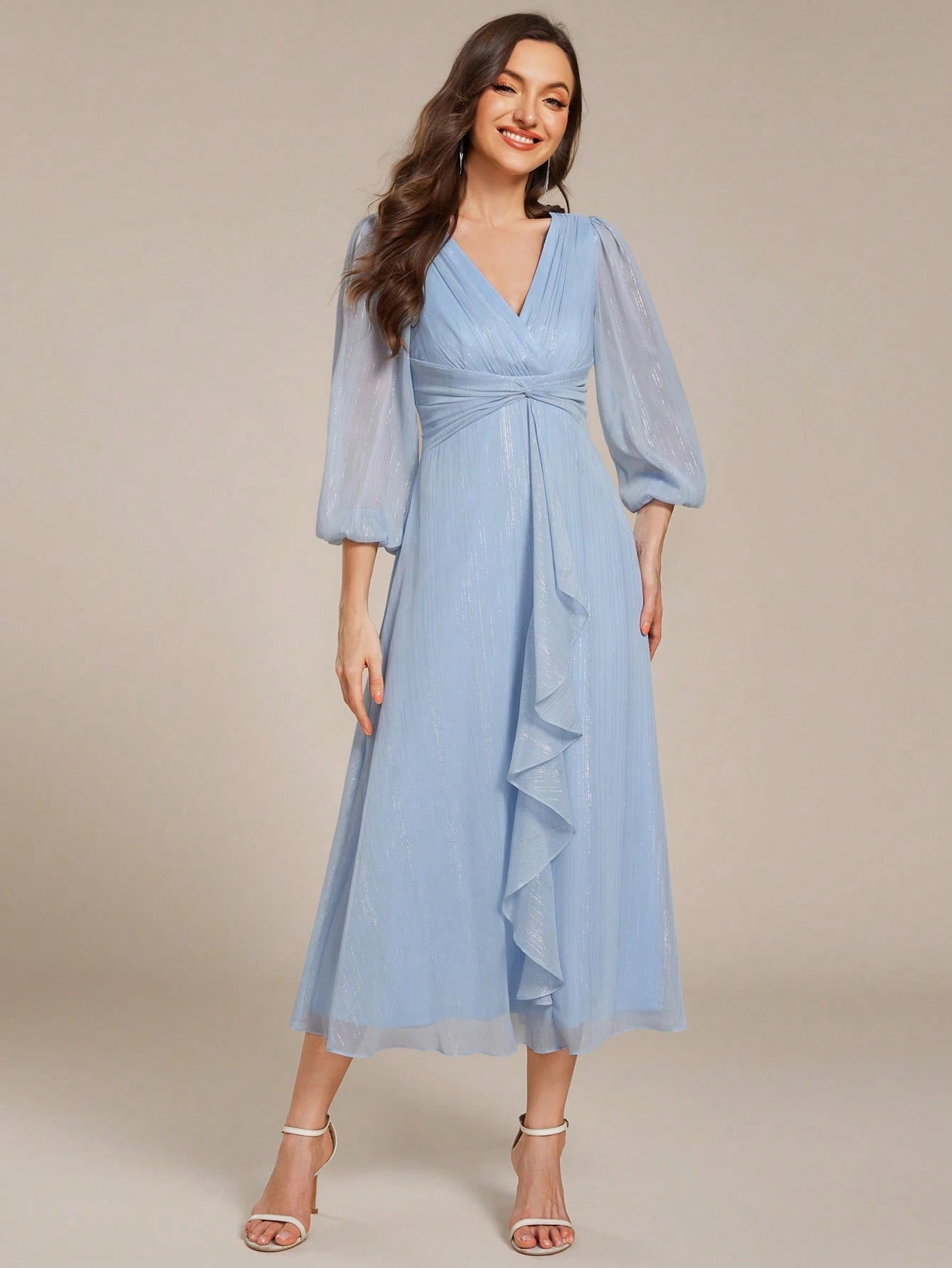 Women's Elegant V-Neck Long Sleeve Formal Dress, Shiny Twist Ruched Knee-Length Bridesmaid Dress, Wedding - image 14