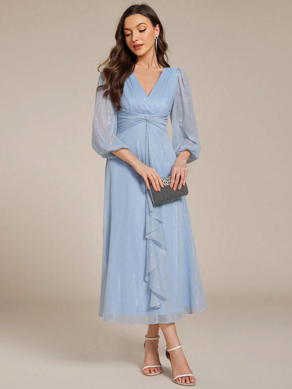 Women's Elegant V-Neck Long Sleeve Formal Dress, Shiny Twist Ruched Knee-Length Bridesmaid Dress, Wedding - image 13