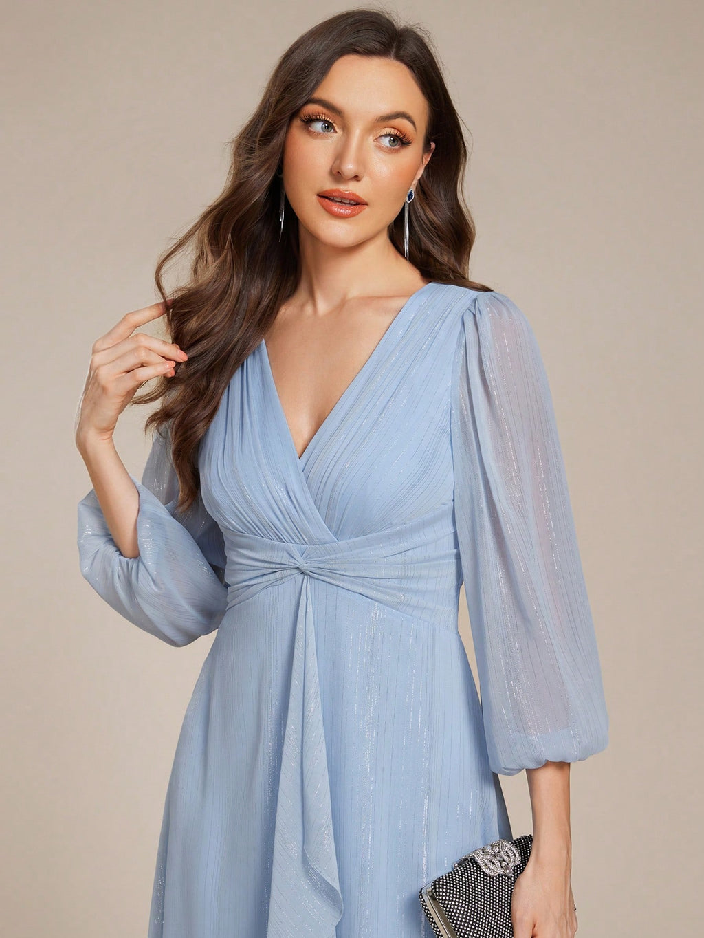 Women's Elegant V-Neck Long Sleeve Formal Dress, Shiny Twist Ruched Knee-Length Bridesmaid Dress, Wedding - image 15