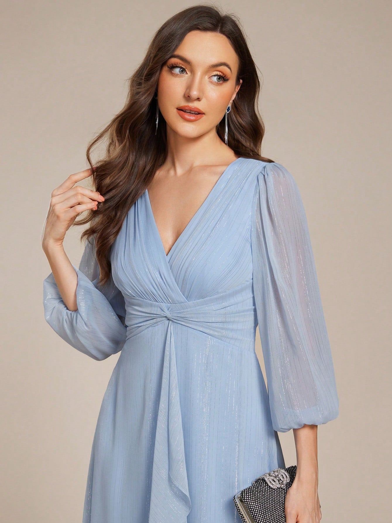 Women's Elegant V-Neck Long Sleeve Formal Dress, Shiny Twist Ruched Knee-Length Bridesmaid Dress, Wedding - image 15