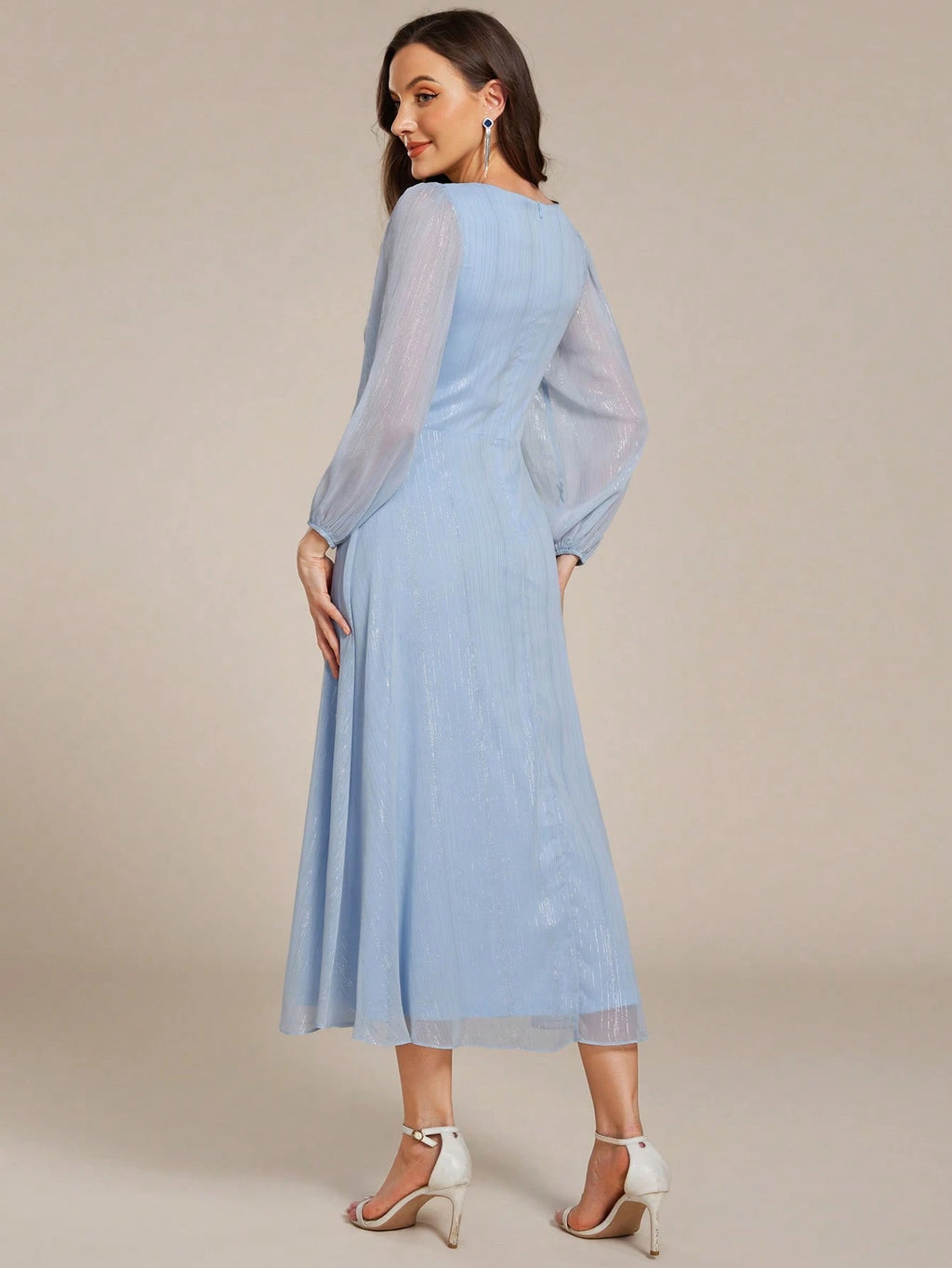 Women's Elegant V-Neck Long Sleeve Formal Dress, Shiny Twist Ruched Knee-Length Bridesmaid Dress, Wedding - image 12